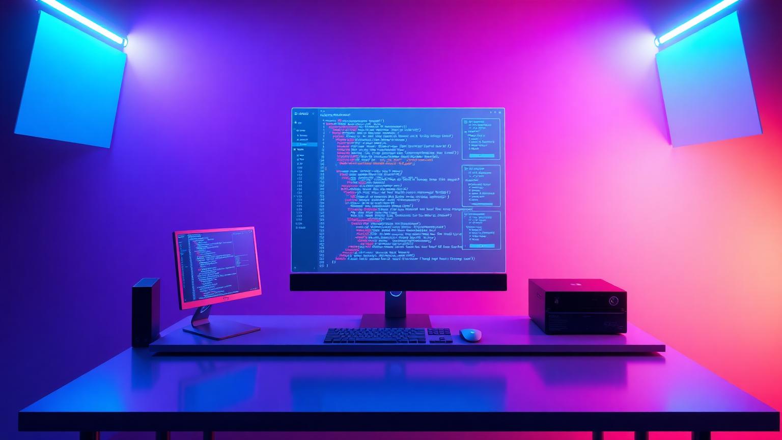 Futuristic developer workspace with holographic AI code editor