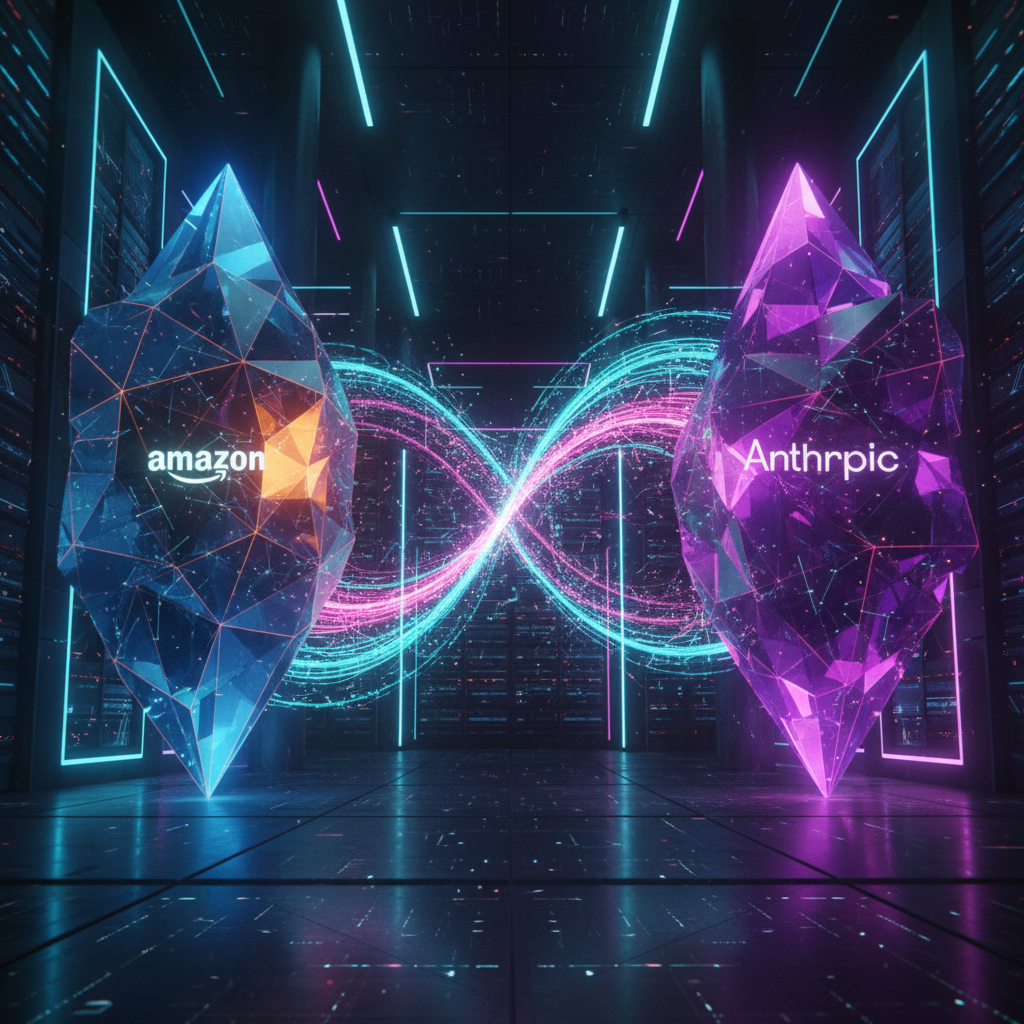 A conceptual image representing the Amazon and Anthropic AI partnership with glowing, interconnected digital structures.