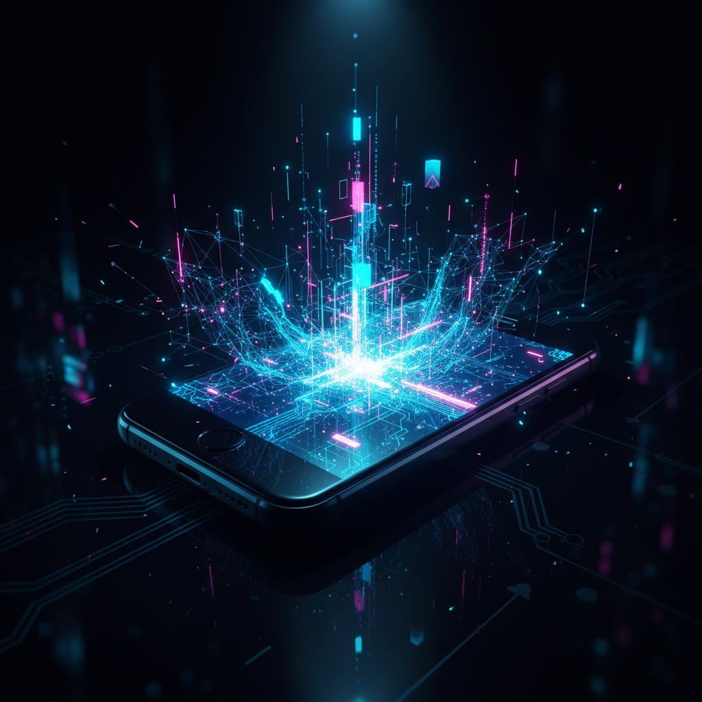 An abstract representation of Apple Intelligence, with a glowing neural network emerging from a smartphone shape.