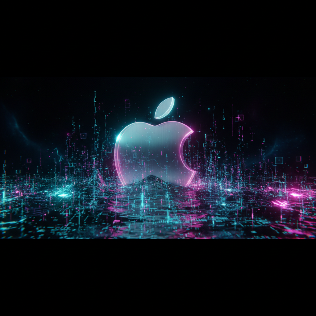 A glowing Apple logo amidst data streams, representing the security of Apple Intelligence Private Cloud Compute.