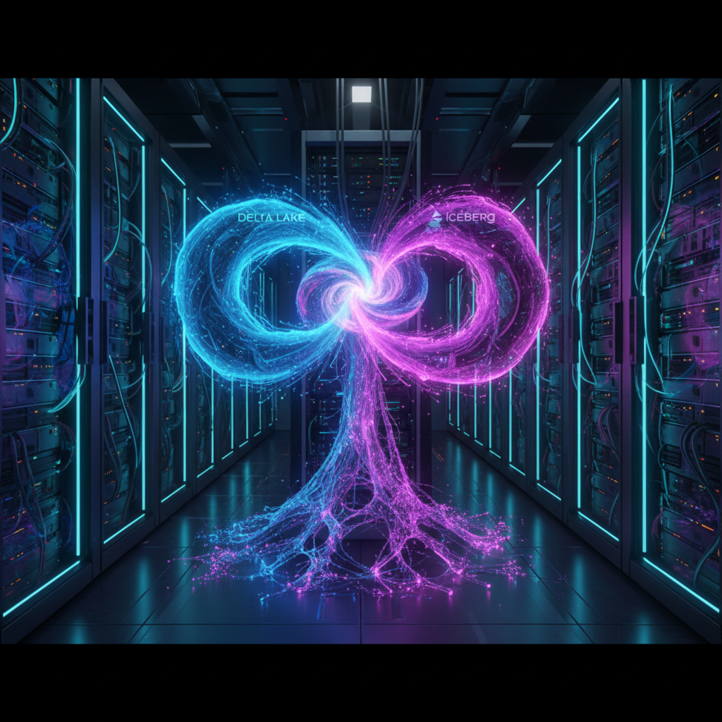 An abstract image showing two data streams merging, representing the Databricks acquisition of Tabular and the unification of data formats.