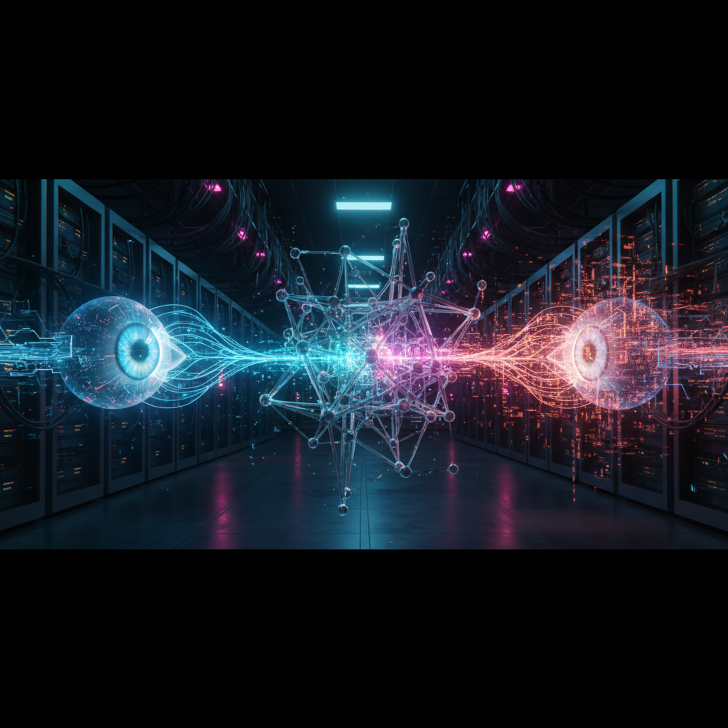 A conceptual image representing a Google Pali-3 VLM technical analysis, showing the fusion of vision and language in a neural network.
