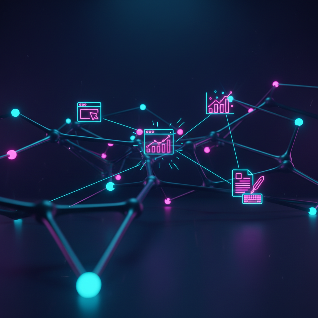 A visual representation of how to build your first autonomous AI agent, showing a neural network connecting different tasks.