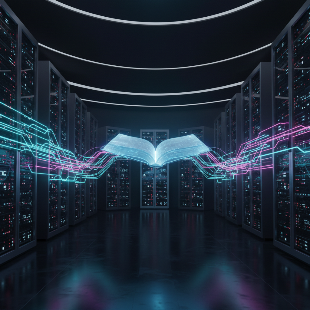 A visual representation of how to implement constitutional ai, showing a glowing book of laws guiding a data center.