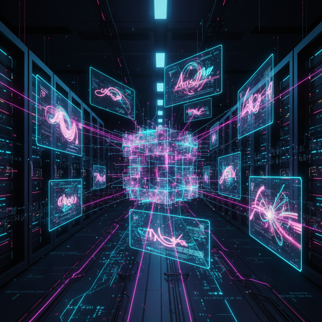 A glowing neural network cube projecting art, representing our Ideogram AI Imagine feature review.