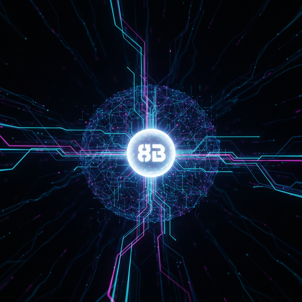 A futuristic visualization of the Llama 3.1 8B model architecture, showing its central processing node and data flows.