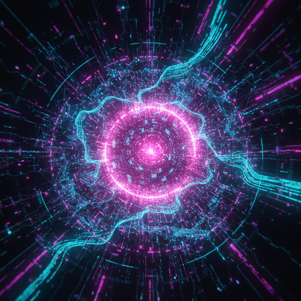 An abstract image representing the use of Mistral Codestral for code generation, showing glowing lines of code and neural networks.