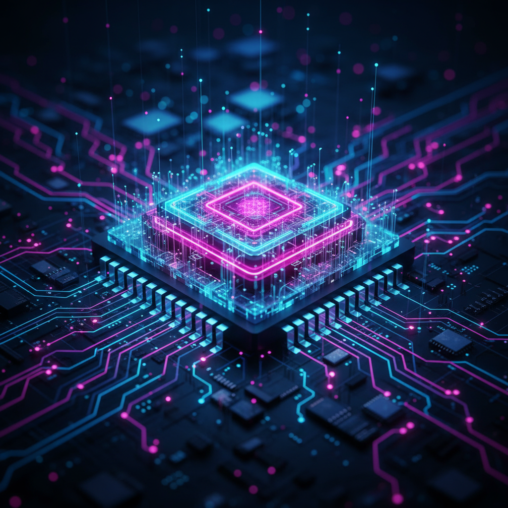 A glowing, futuristic microchip representing NVIDIA's AI dominance and its new status as the world's most valuable company.