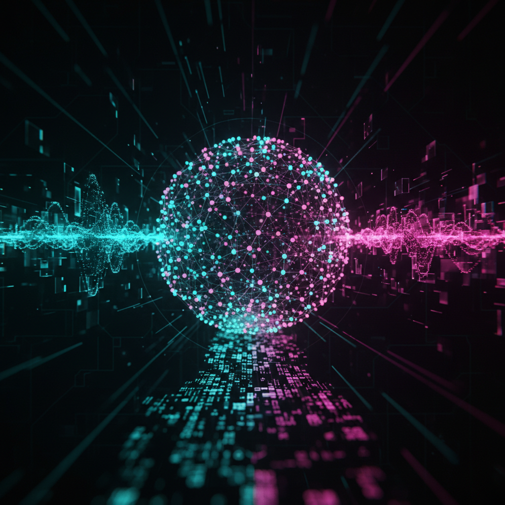 An abstract visualization of the GPT-4o multimodal AI processing text, vision, and audio data streams.