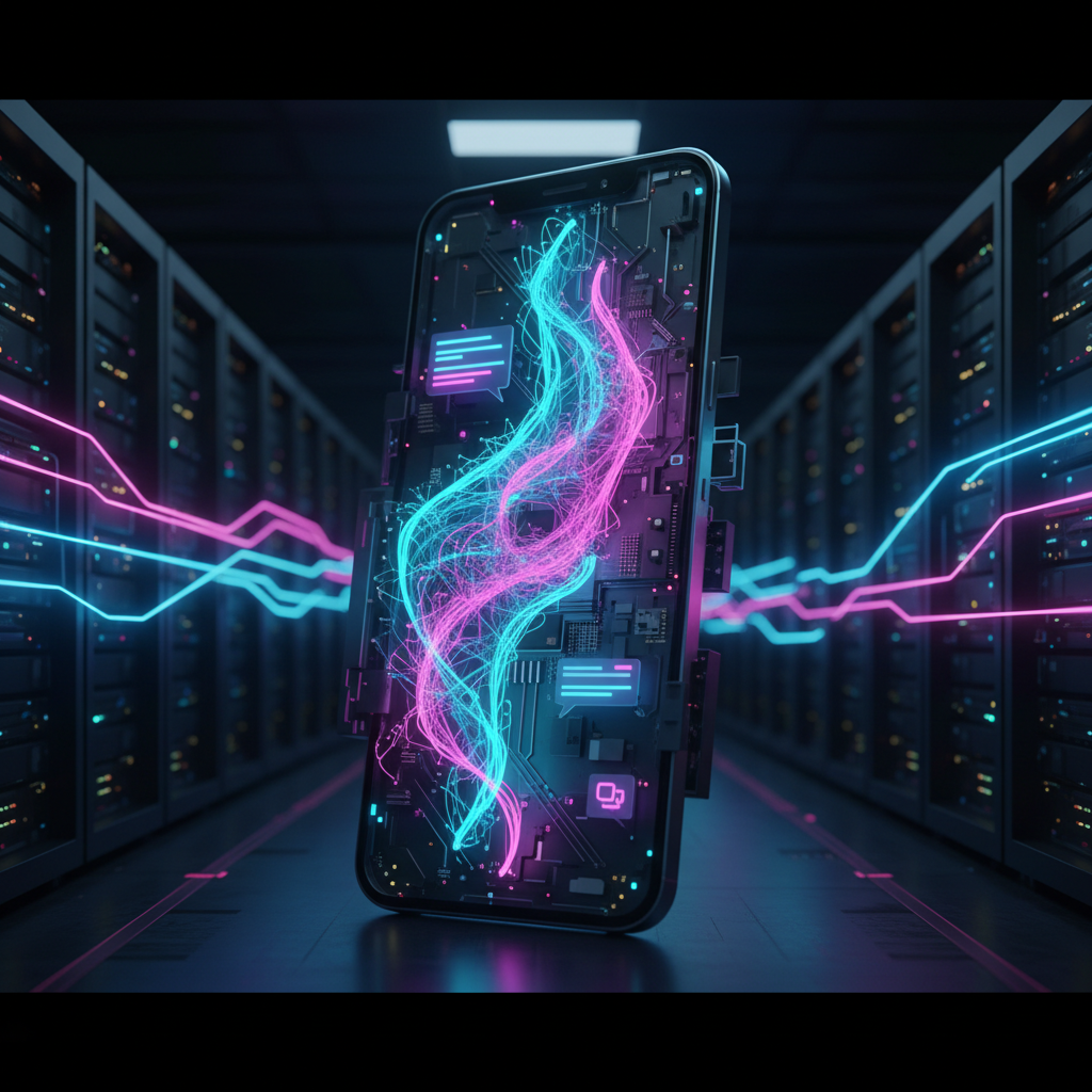 A futuristic smartphone displaying an AI interface, symbolizing the Deutsche Telekom Perplexity partnership and the future of search.