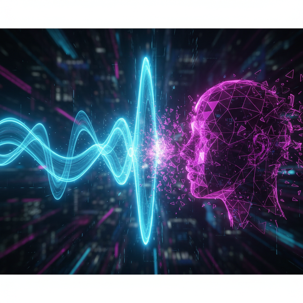 An abstract image representing the OpenAI GPT-4o voice controversy explained through a digital face and soundwave.