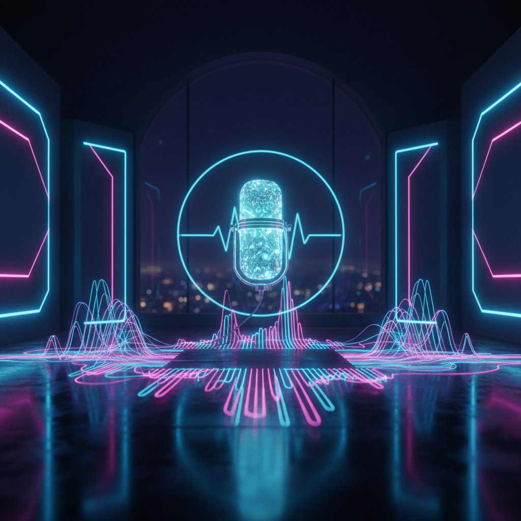 A futuristic microphone representing UMG's official AI tool for artists, glowing with sonic energy.