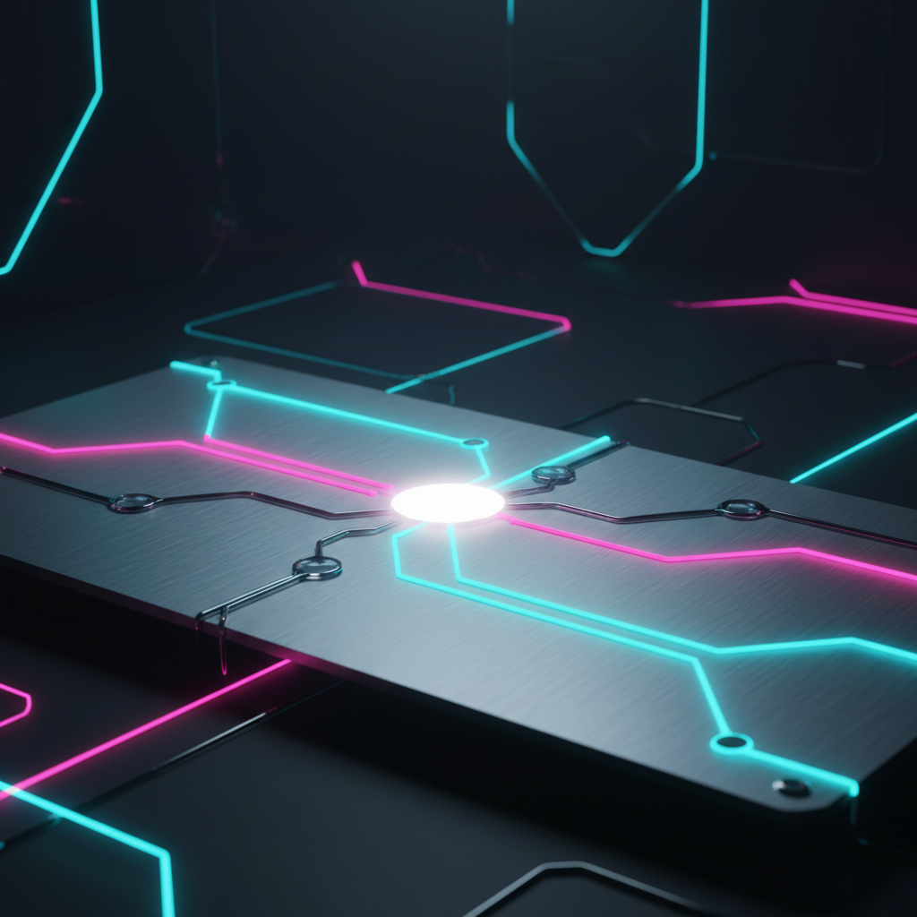 A conceptual image representing using Apple Intelligence in iOS 18, showing a glowing neural network on a clean, metallic background.