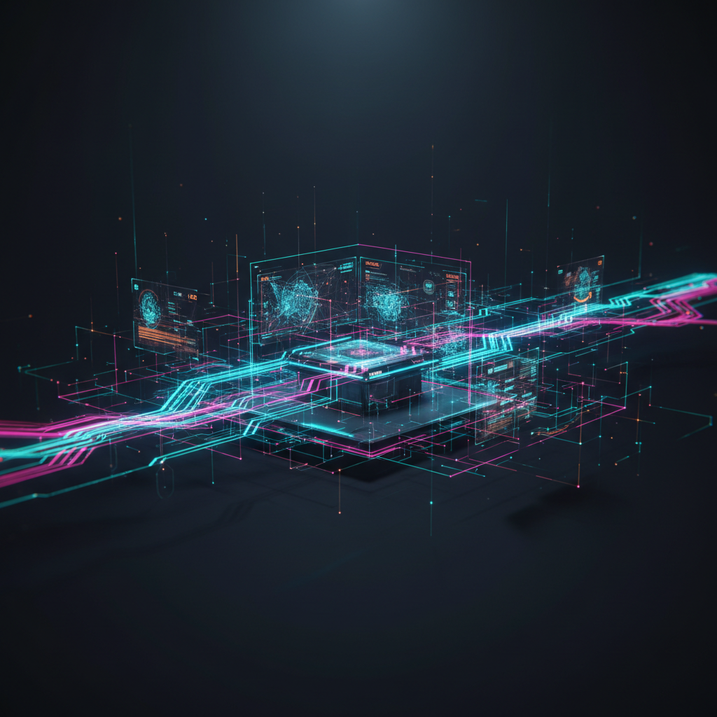 A visual representation showing what Amazon Bedrock Studio is, with glowing data nodes and a futuristic interface.
