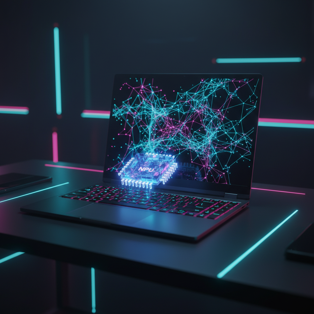 A conceptual image of an AI PC with a glowing neural network on screen, representing what an NPU is in an AI PC and its role in on-device processing.