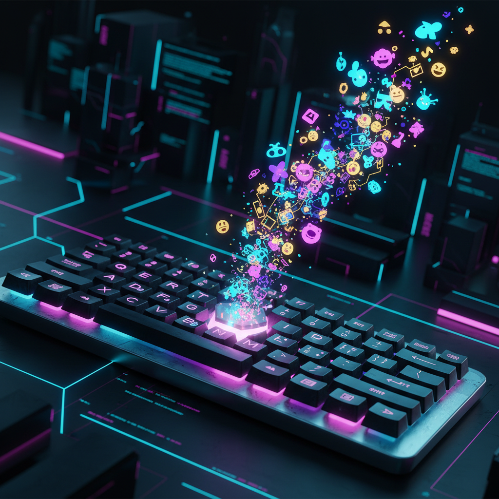 A high-tech keyboard showing the Apple Genmoji feature generating custom AI emoji characters.