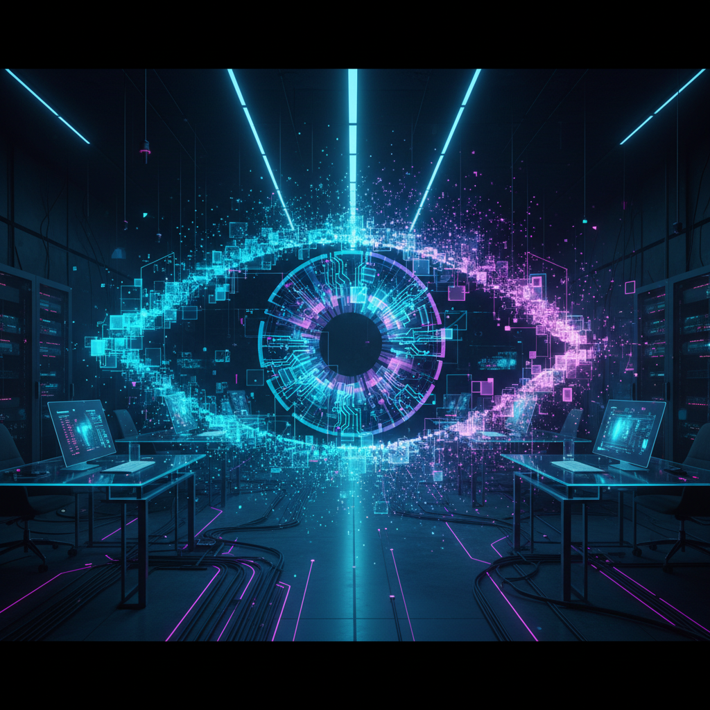 A stylized image representing Google Project Astra, showing a glowing network of data forming an eye, symbolizing the future of AI assistants and computer vision.