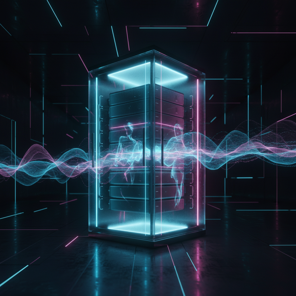 A futuristic server rack representing the secure and private Apple Private Cloud Compute model.