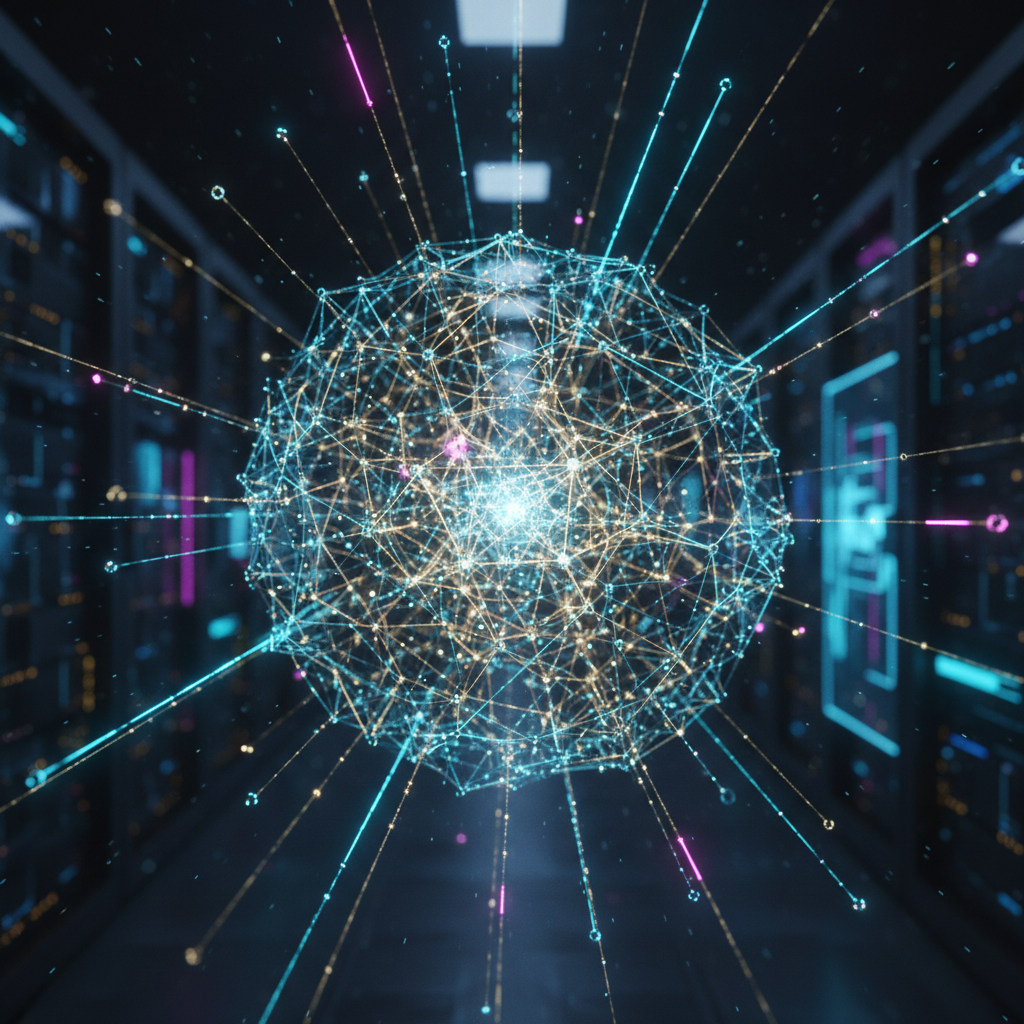 A visual representation of the Cohere Command R+ model, showing a complex neural network structure in a server room.