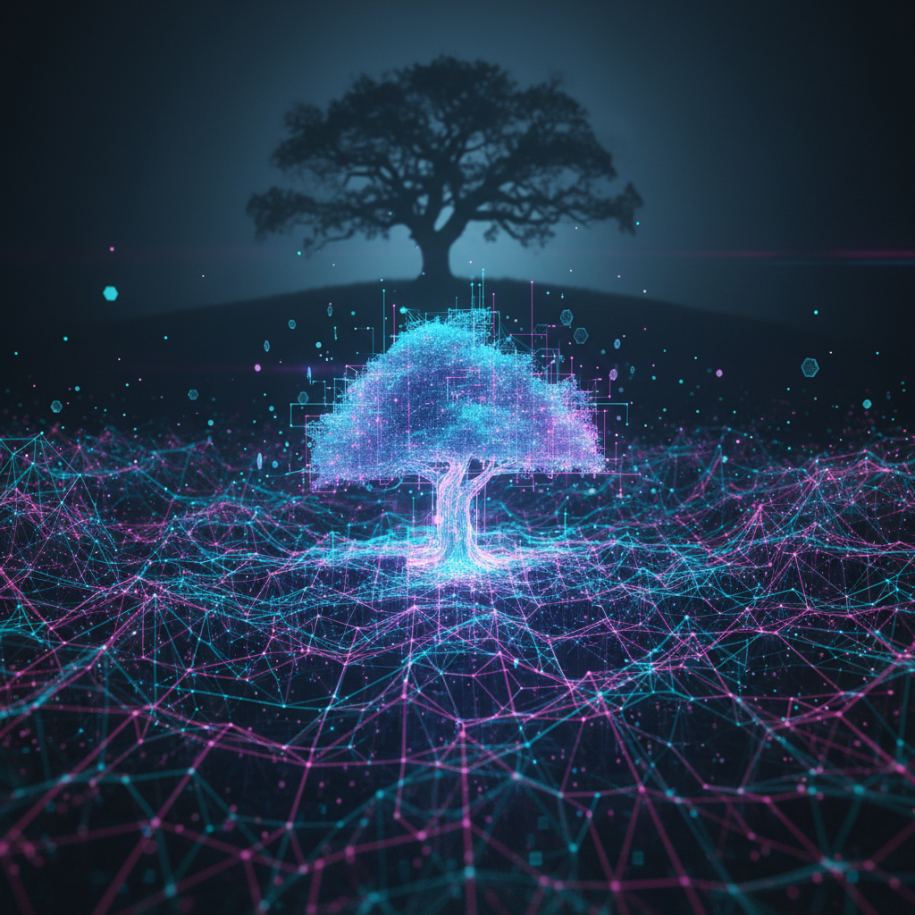 A conceptual image representing what the I-JEPA model is, showing a neural network creating an abstract prediction.
