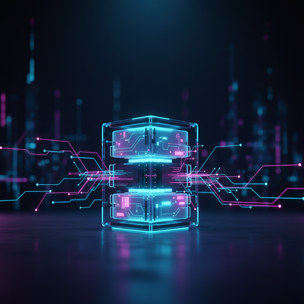 A futuristic and efficient server rack representing the powerful and compact OpenAI GPT-4o-mini model.