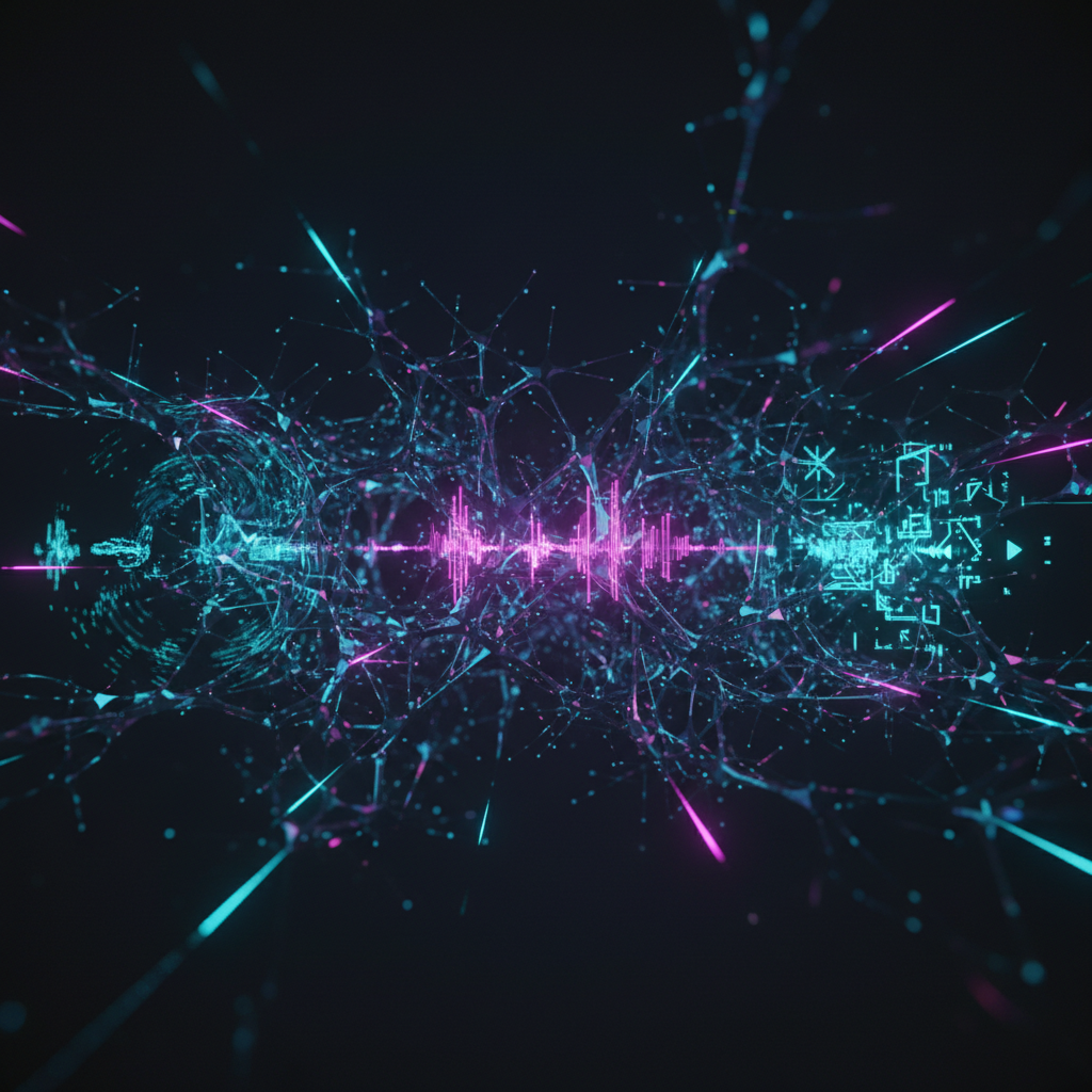An abstract representation of the multimodal Reka Core model processing different data types, illustrating its advanced AI capabilities.