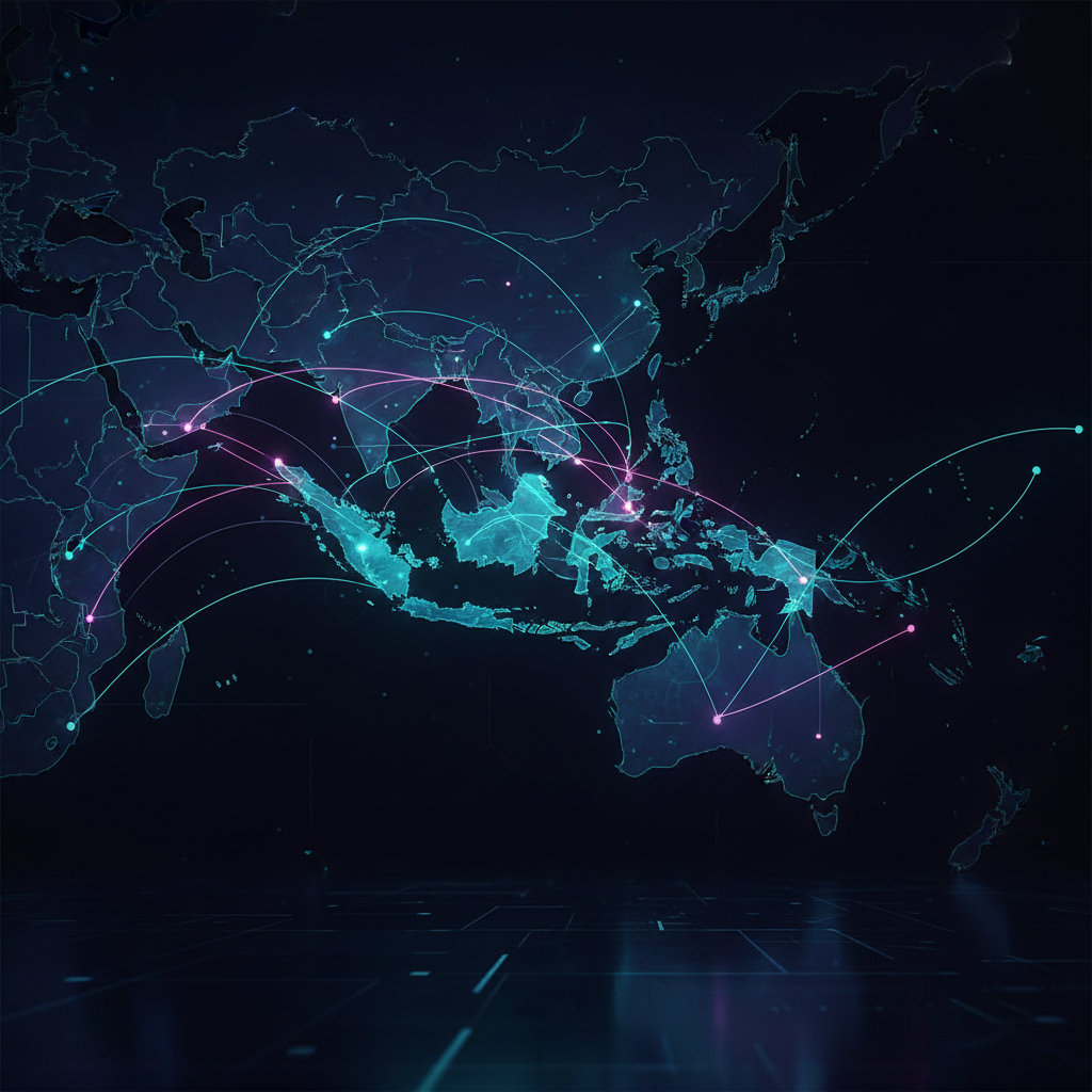 A futuristic visualization of a neural network representing the SeaLLM-V3 model's impact on AI in Southeast Asia.