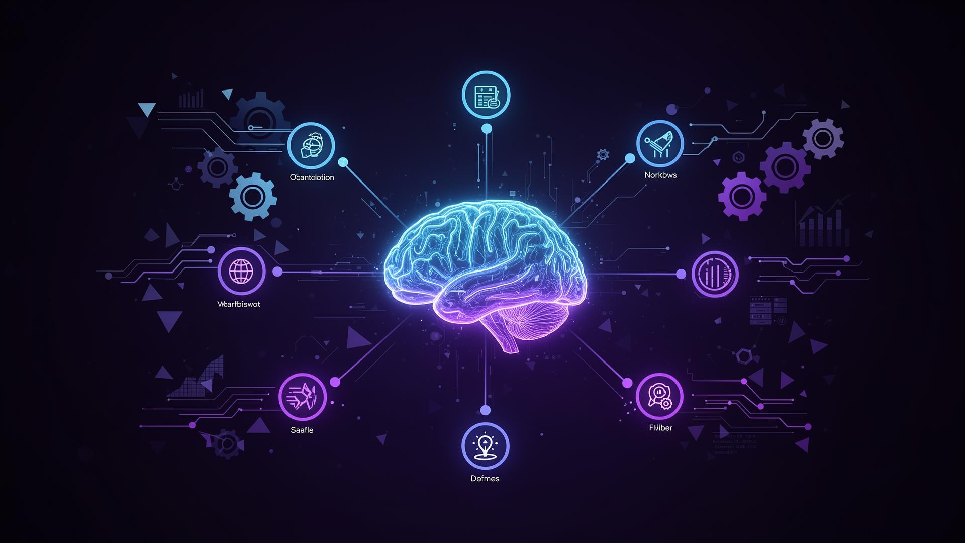 Futuristic digital brain connected to business automation workflow nodes