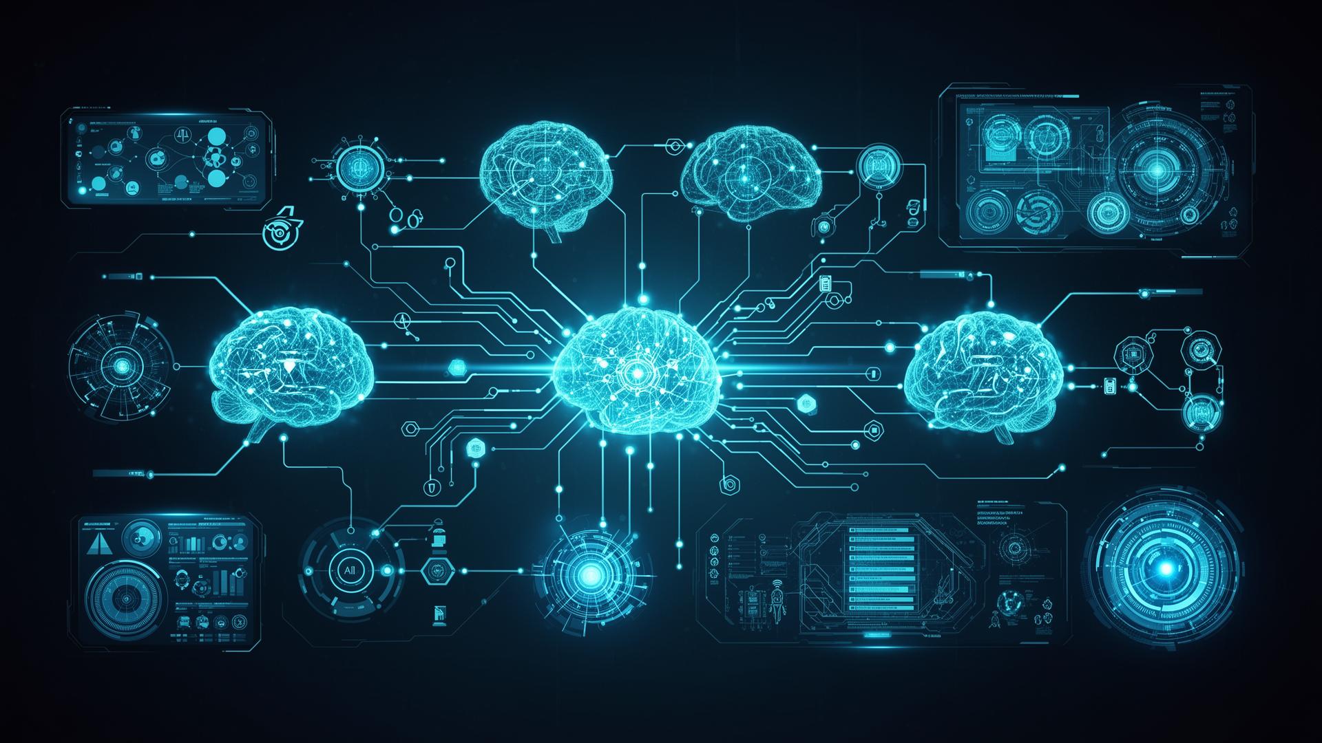 Futuristic visualization of an automated AI agent system with interconnected neural networks and workflow pipelines